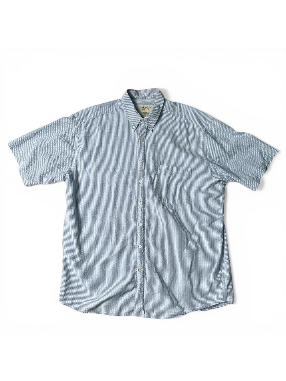 Vintage Eddie Bauer Blue Seersucker Cotton Short Sleeve Button-Up Shirt